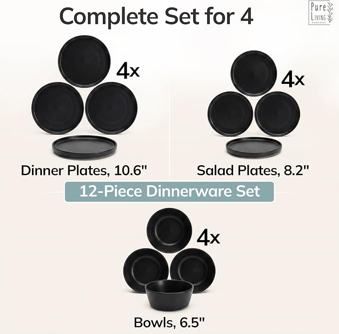 Stoneware dinnerware set 4 persons 12 pcs – Matte black plates and bowls set – Dishwasher, microwave and scratch resistant – Bowl and plate set – Dinner service Pure Living