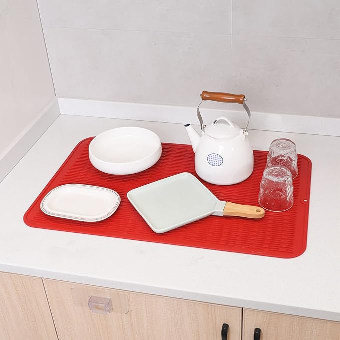MicoYang Silicone Dish Drying Mat for Multiple Usage,Easy clean,Eco-friendly,Heat-resistant Silicone Mat for Kitchen Counter or Sink,Refrigerator or Drawer Liner Red 3XL 28 inches x 18 inches
