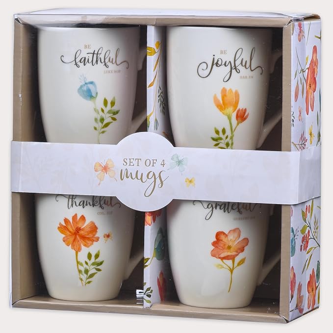 Christian Art Gifts Ceramic Coffee or Tea Mug Set for Women, Be Grateful, Faithful, Thankful, Joyful Bible Verse Mug Set, Boxed Set of 4 Coffee Cups