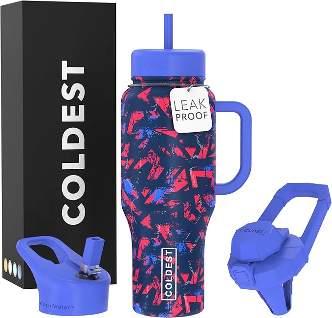 Coldest Tumbler with Handle and Straw - 100% Leak Proof Insulated Tumbler with Lid and Straw (3 Lids) - Stainless Steel Tumblers for Women & Men - Cup Holder Friendly Base, 36 oz (Trailblazer)