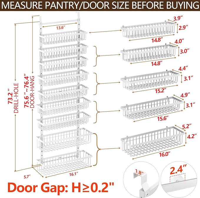 POKIPO 9 Tier Over The Door Pantry Organizer, 2 in 1 Wall Mount or Hanging Spice Rack with Adjustable Deep Basket, Heavy-Duty Seasoning Organizer and Storage for Kitchen Cabinet Closet Bathroom