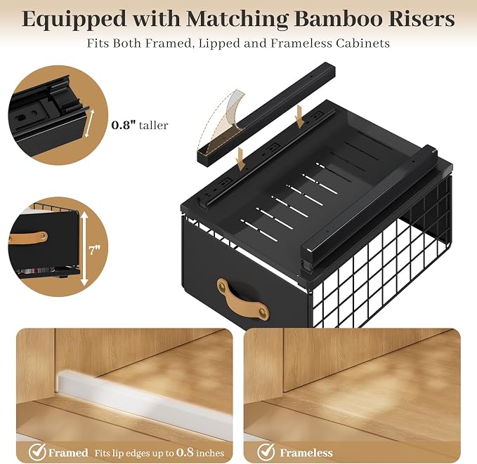 Pull Out Cabinet Organizer, No-Drill Pantry Drawers, Slide Out Shelves with Bamboo Risers for Lipped Cabinets,Ideal for Kitchen, Bathroom & Under Sink Storage (Black, 11.8" Wide-15.7" Deep)