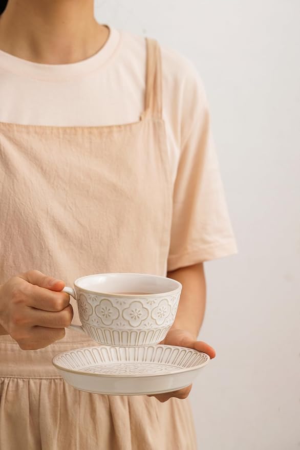 LOWYEPAULHO Cappuccino Cups with Saucers, 5''Ceramic Coffee Cup and Saucer set for Au Lait, Double shot, Latte, Cafe Mocha,Set of 4
