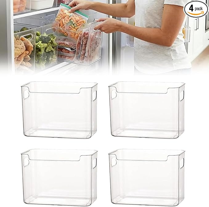 Crystal Clear Freezer Storage Bins, Clear Plastic Organizer Bins with Handles, Stackable Freezer Refrigerator and Pantry Storage Containers for Frozen Food, Meat, Vegetables, Meals and Snacks (4 pack)
