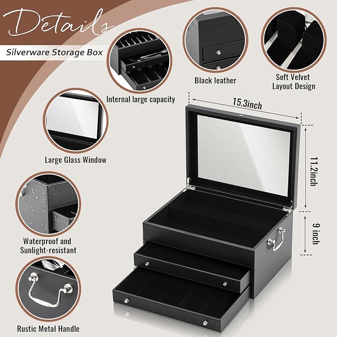 DoubleFill 3 Layer Leather Silverware Storage Box with Lid and Handles, Anti Tarnish Silverware Storage Chest Case with Felt-lined for 12-16 or More Sets of Utensils Flatware Gifts, 15.3x11.2x9 Inch