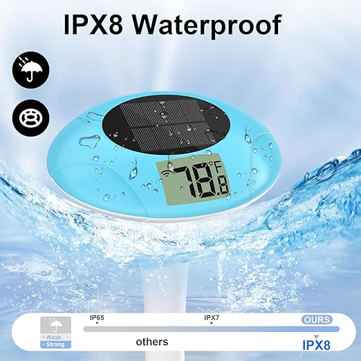 Wireless Pool Thermometer, Digital Pool Thermometer Floating Easy Read–IPX8 Waterproof Solar Temperature Gauge for Aquarium, Pond, 328 Feet Long Connection