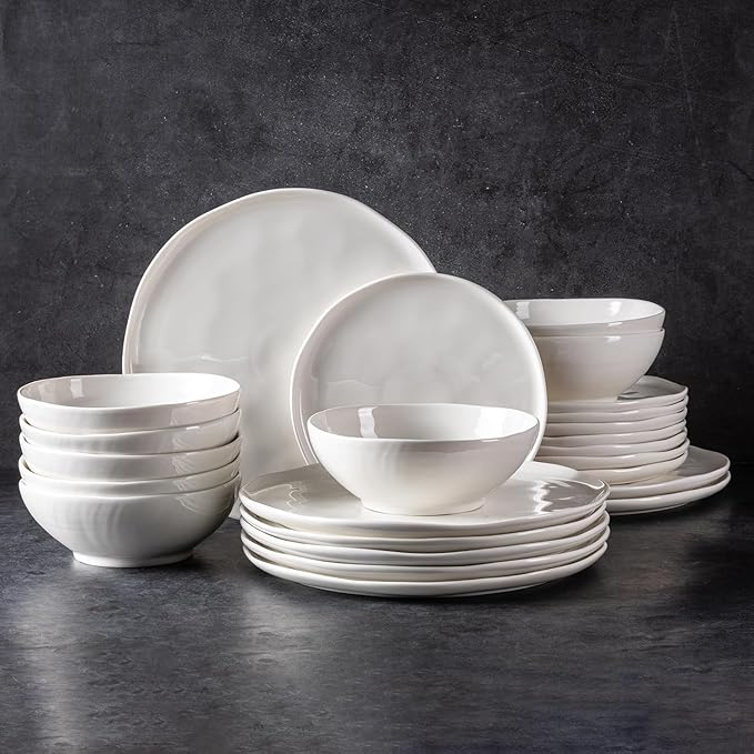 LERATIO Ceramic Dinnerware Sets for 6,Porcelain Plates and Bowls Sets with Wavy Edge, Oven &Microwave & Dishwasher Safe,Light Weight & Scratch Resistant Dishes Sets-Service for 6 (18pcs)-Peal White