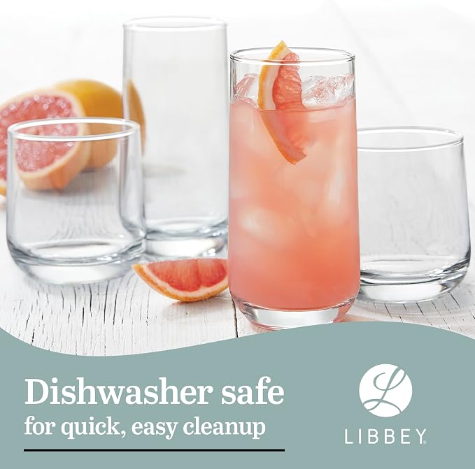 Libbey Ascent Tumbler and Rocks Drinking Glasses Set of 16, Glass Drinking Glasses with Curvature, Versatile Glassware Set for Parties and More