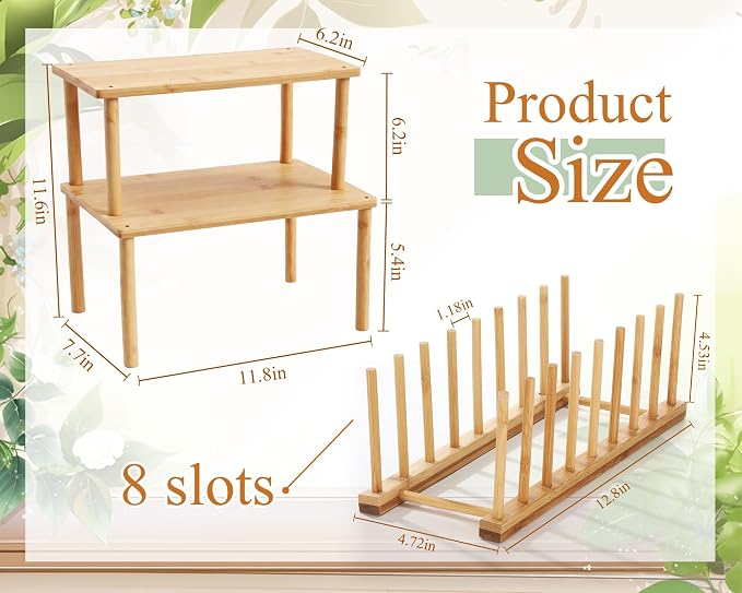 Marsui 4 Pcs Kitchen Organizer Accessories Set Cabinet Organizer Shelf and Bamboo Dish Drying Plate Rack Counter Shelves Storage Holder for Spice Rack, Dish, Pot Lid, Bowl, Cup (Wood Color)