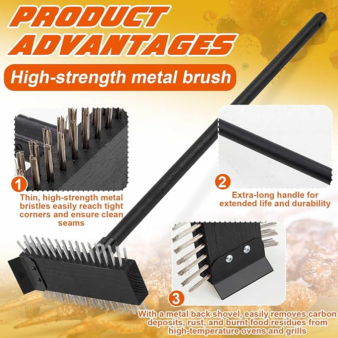 2 Pcs Black Stainless Steel Grill Brush Grill Scraper with 30'' Long Wooden Handle for Commercial Cleaning Kitchens Restaurants Bathrooms