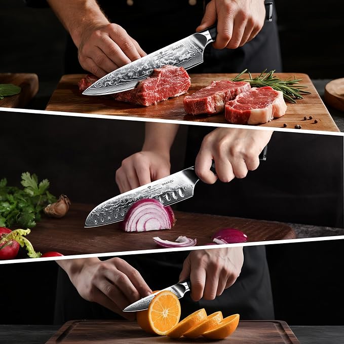SHAN ZU Damascus Knife Set, Japanese Super Steel 3 PCS Damascus High Carbon Professional Ultra-Sharp Kitchen Chef Knife Set with G10 Handle Gift Box