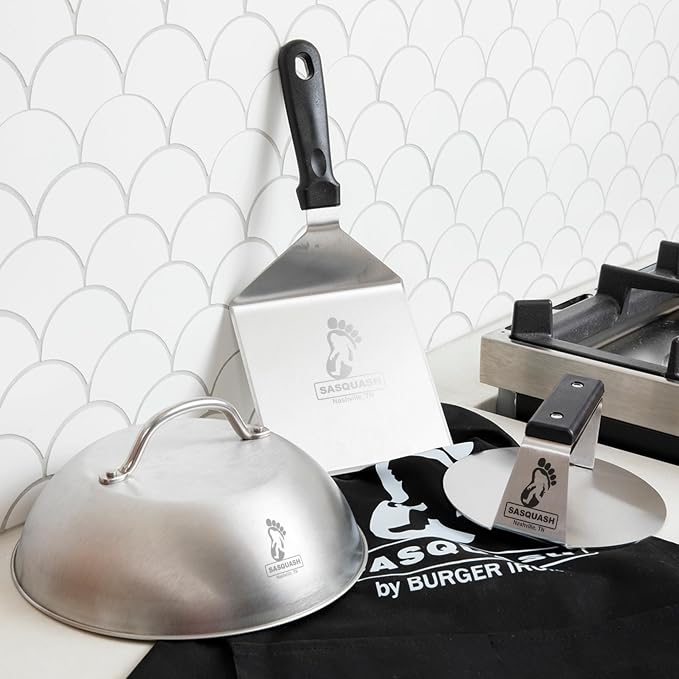 Sasquash Burger Press Kit, 5 Piece Smash Burger Set, Smash Burger Press, Spatula, Melting Dome and 2 Squirt Bottles for Griddle and Grill, Stainless Steel, Kitchen Gadgets, Grilling Accessories