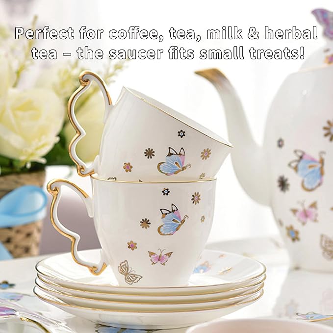 Butterfly Cup and Saucer Set, Bone China Tea Cup and Saucer with Spoon, Porcelain Coffee Mug with Gold Trim, Dishwasher Safe, Gift for Women, Mom, Friends, 6.8 oz