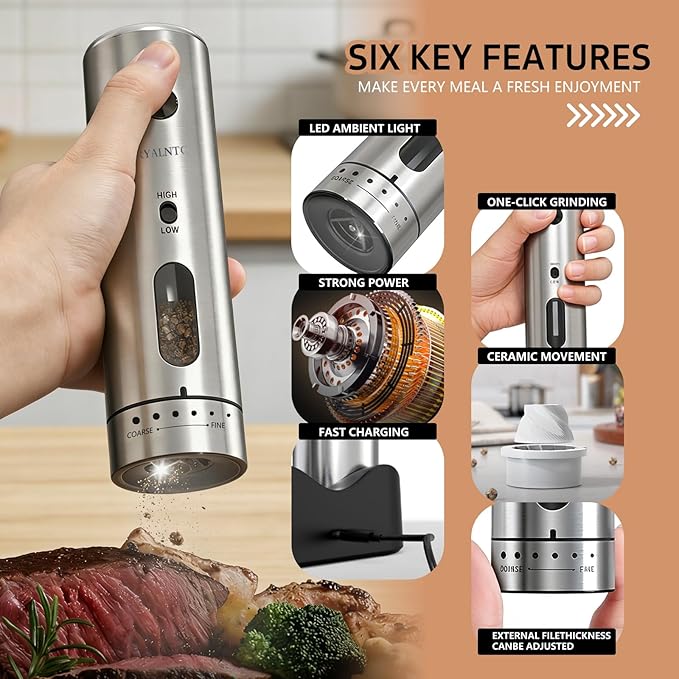 Electric Salt and Pepper Grinder Set with Rechargeable Base Upgraded Stainless Steel Automatic Salt and Pepper Shakers,Upgraded 2-Speed Setting,External 6 Adjustable Coarseness with LED Light