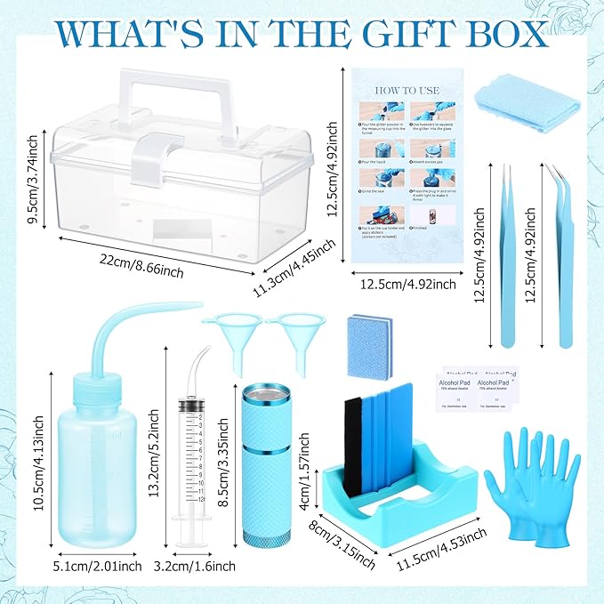 LemonRoad 15 Pcs Snow Globe DIY Tumbler Tool Kit Include Storage Box Squeeze Bottle Funnel Silicone Cup Cradle Measuring Cup Flashlight for Beginner Making Supplies Thanksgiving Day Gifts(Blue)