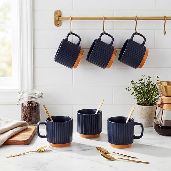 6 Set Ceramic Coffee Mugs with Gold Spoons, 8.8 oz Textured Ribbed Coffee Cups for Latte & Cappuccino, Modern Farmhouse Tea Mugs with Handle, Dishwasher & Microwave Safe(Dark Blue)