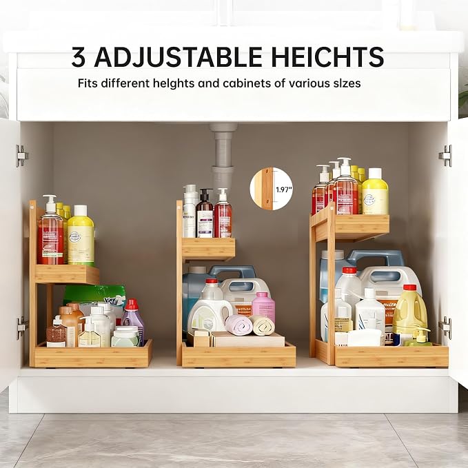 Bamboo Undersink Organizer Storage - 2-Tier Cabinet Shelf with Adjustable Levels, Under Sink Storage Slide Out for Cabinet Pantry Kitchen Bathroom (Natural, 2 Packs)