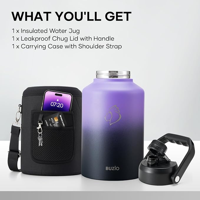 BUZIO 1 Gallon Water Jug Insulated, Stainless Steel Bottle With Large Handle & Spout Lid, 3.58" Big Wide Mouth BPA-Free Leakproof Metal Water Flask For Camping, Adventure, Sports, Black & Purple