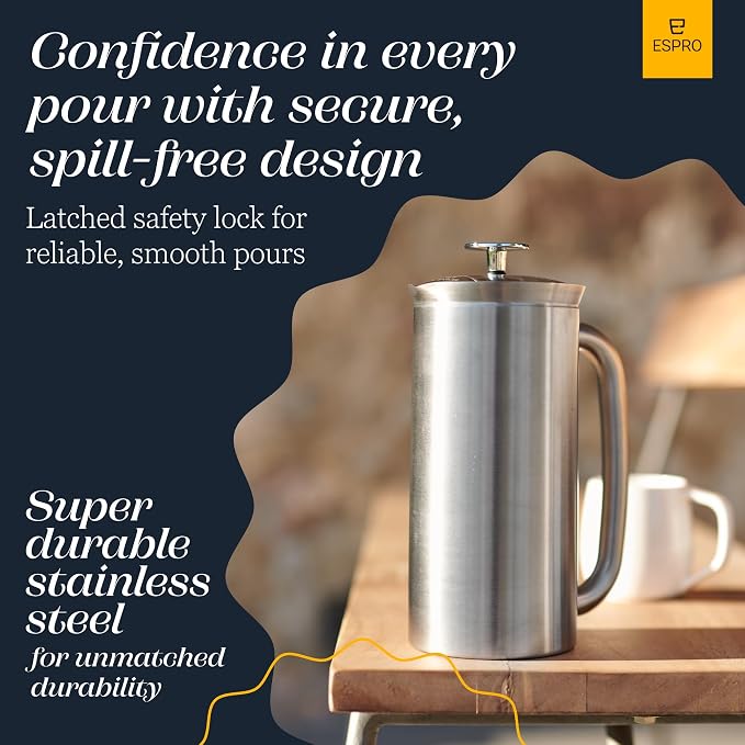 ESPRO Pro P7 Brushed Stainless Steel French Press 304 – Patented Double Walled Micro-Filter Insulated French Press Coffee Maker, Grit-Free Brew - Heat Resistant BPA Free - 18oz
