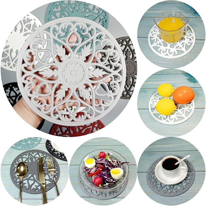 Silicone Trivets for Hot Dishes, Trivets for Hot Pots and Pans, Silicone Trivet Large for Kitchen Countertop, Non-Slip Heat Resistant Modern Pads for Kitchen Table, Round 6 Grey