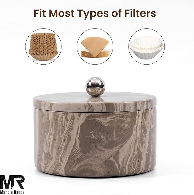 Marble Coffee Filter Holder – 6 inch Handmade Natural Brown Coffee Filter Holder with Lid, Storage Organizer for Kitchen Countertop & Bar Decor