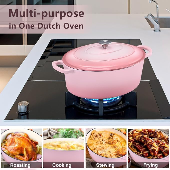 P&P CHEF Oval Dutch Oven with Lid, Enameled Cast Dutch Oven Pot for Bread Baking, Braising, Stewing, Roasting, Non-Stick & Oven Safe, Dual Handles & Easy Clean, 7QT & Pink, Valentine's Day