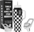 Coldest Tumbler with Handle and Straw - 100% Spill Proof Tumbler with Straw (3 Lids) - Stainless Steel Insulated Leakproof Tumblers for Women & Men - 36 oz (Black and White Checkers)