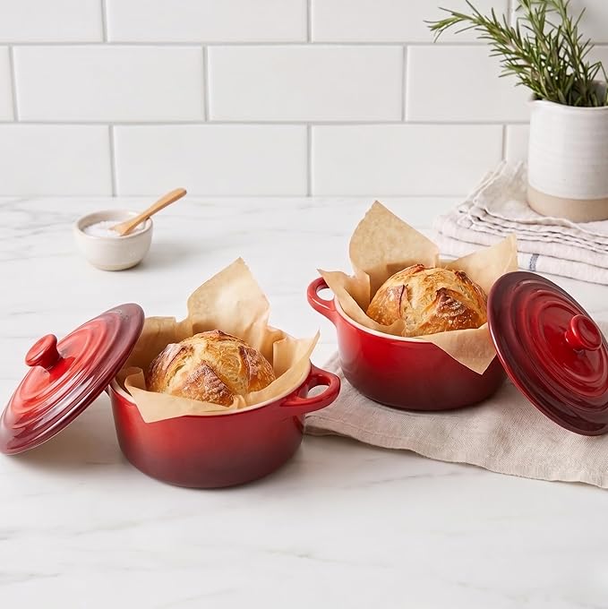 Kook Ceramic Mini Cocotte Set, Small Casserole Dishes with Lids and Handles, Individual Baking Ramekins, Oven safe 350F, Microwave & Dishwasher Safe, Stoneware, 12 oz, Set of 4, (Crimson Ombre)