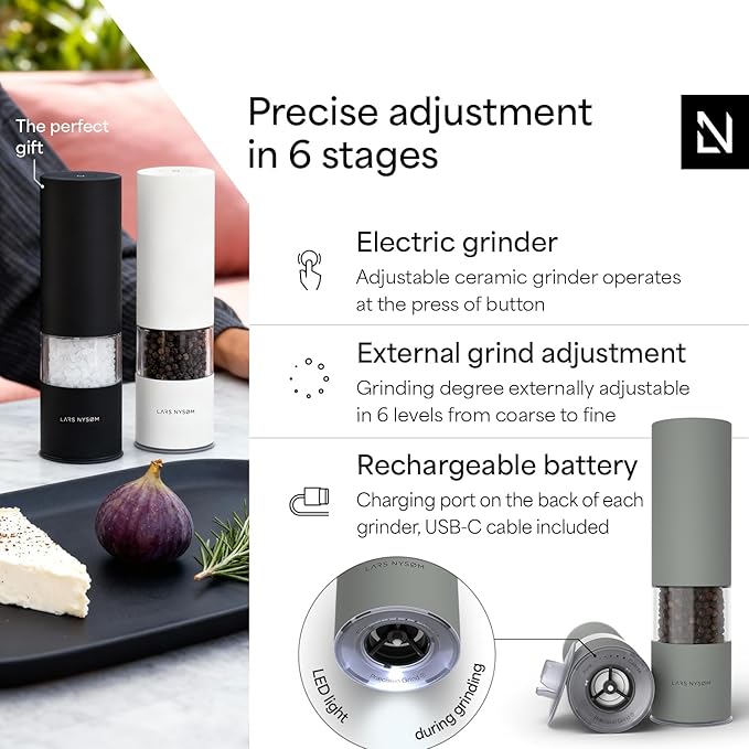 LARS NYSØM Electric Salt and Pepper Grinder Set I Automatic Salt and Pepper Mills with Adjustable Ceramic Grinder I USB Rechargeable Electric Spice Mill Set with LED Light (Ash Gray)