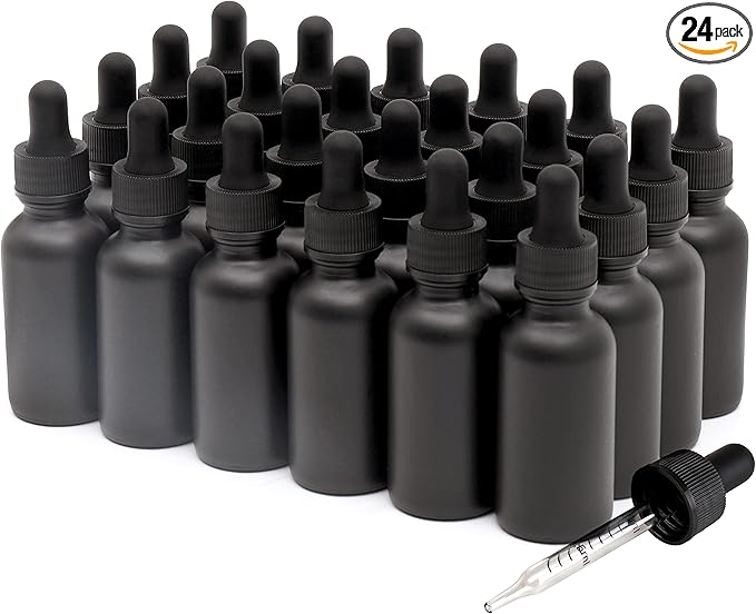 NOOEEISS 24 Pack,1oz Glass Dropper Bottle, Frosted Black Tincture Bottles with Dropper,Pretty Finish for All Kinds of Liquids,Oil Bottles for Hair- Stronger Suction ideal for Leakproof Travel