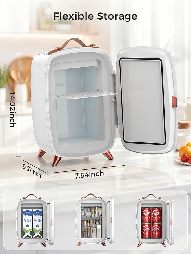 COWSAR Mini Fridge for Bedroom with Dimmable LED Light Mirror, 6 Liter/8 Can Skincare Fridge with Top leather handle, Portable Small Refrigerator Cooler for Cosmetic, Beverage and Food, Dorm, Office