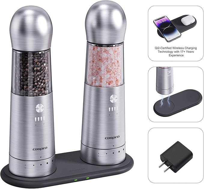 COSPRO Electric Salt and Pepper Grinder Set of 2 – Rechargeable Stainless Steel Mills with Qi-Wireless Charging Base | One-Hand Operation | Adjustable Coarseness | Easy Clean | Automatic Spice Grinder