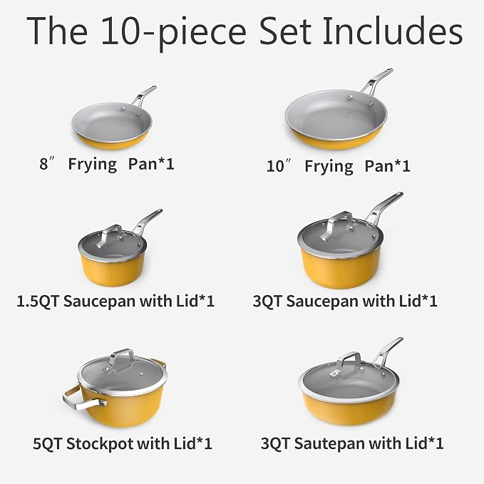 10-Piece Yellow Ceramic Nonstick Cookware Set, Pots and Pans with Glass Lids & Anti-Scald Handles, Non-Toxic PFAS Free, Dishwasher & Oven Safe up to 480°F, Induction & All Stoves Ready