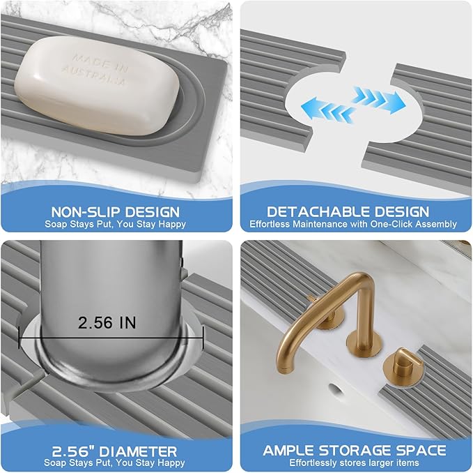 Stone Faucet Mat for Kitchen Sink, Water Absorbent Fast Drying Stone Tray for Sink , Quick Dry Diatomite Splash Guard for Bathroom Counter to Prevent Moisture Buildup, 23.6" x 4", Gark Grey