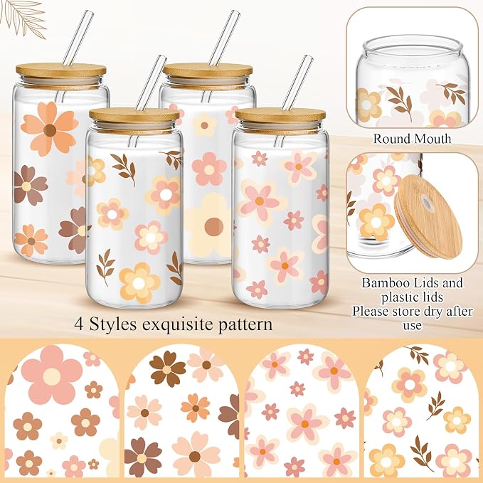 Mumufy 4 Pack Wildflower Glass Cups Gift Aesthetic Cute Glass Cup Tumbler Flower Iced Coffee Mugs 16 oz with Bamboo Lid & Straw, for Wedding Birthday Bridesmaid Mom Baby Shower