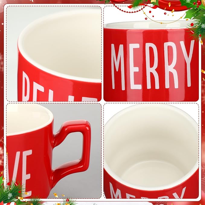 Sliner Set of 4 10 oz Christmas Stackable Large Coffee Mugs with Rack Porcelain Coffee Cups Ceramic Coffee Cup Set with Metal Stand Christmas Theme Coffee Mug for Espresso Tea Cocoa, Red White