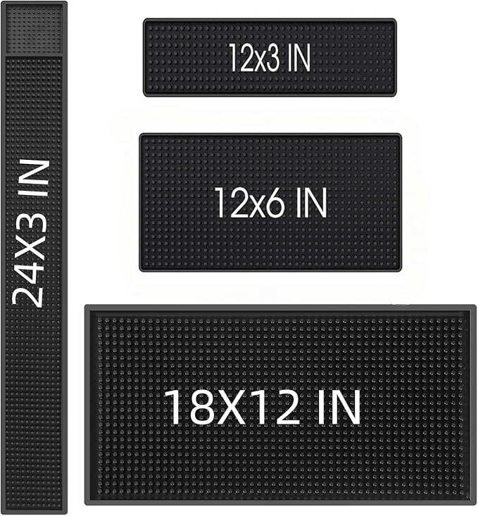 WANGCHAO Bar Mats Set of 4 Nonslip Flexible Rubber Black Bar Service Spill Mat Barber Mats Dish Drying Mat (24" x 3"+18" x 12"+12" x 3"+12" x 6")
