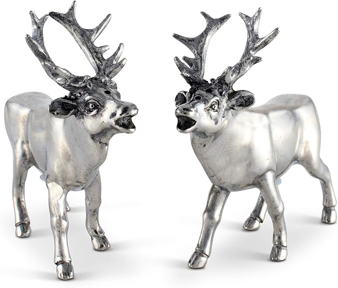Vagabond House Pewter Deer/Elk Salt and Pepper Shakers Set Artisan Designer Handcrafted for Cabin Lodge Mountain Décor 4.5 inch Tall