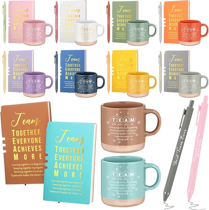 Didaey 10 Sets Team Appreciation Gifts Set 13oz Pastel Inspirational Ceramic Coffee Mugs A6 Leather Notebooks Ballpoint Pens Bulk Thank You Gifts for End of Year Teacher Team Members Coworker Staff