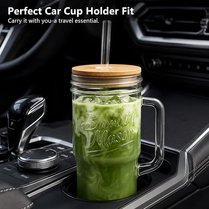 ANOTION Glass Cups with Lids and Straws - 24oz Tumbler with Handle Coffee Cups Glass Straws Glasses Mason Jar Cups Drinking Set Kitchen Essentials Coffee Bar Accessories House Warming Gifts New Home