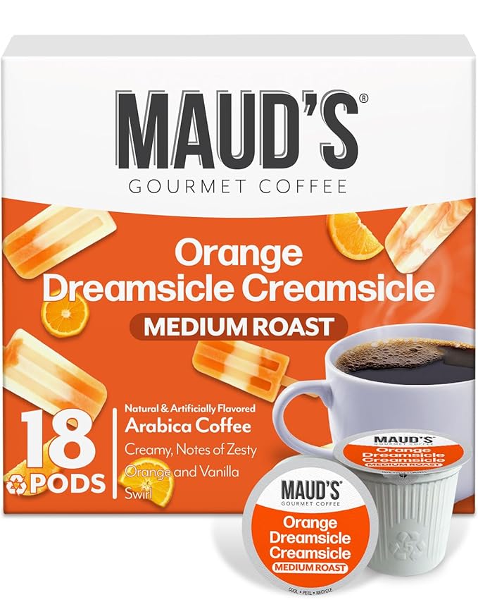 Maud's Orange Creamsicle Flavored Coffee Pods, 18 ct, Medium Roast Flavored Coffee in Single Serve Pods – 100% Arabica Beans, Compatible with Keurig K Cups Maker