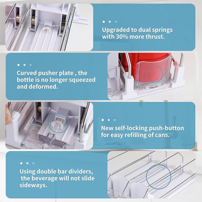 Drink Organizer for Fridge, Upgrade self locking push buttonfor Soda Can Dispenser for Refrigerator, Automatic Pusher Glide and Adjustable Width Can Fridge Organizer Hold up to 15 Cans 3 Rows