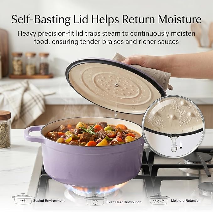 3.7 QT Enameled Cast Iron Dutch Oven with Lid, Purple - Heavy Duty Casserole Braiser Pot for Sourdough Bread, Roasting & Stews, Induction Compatible, Oven Safe 500°F for Small Families