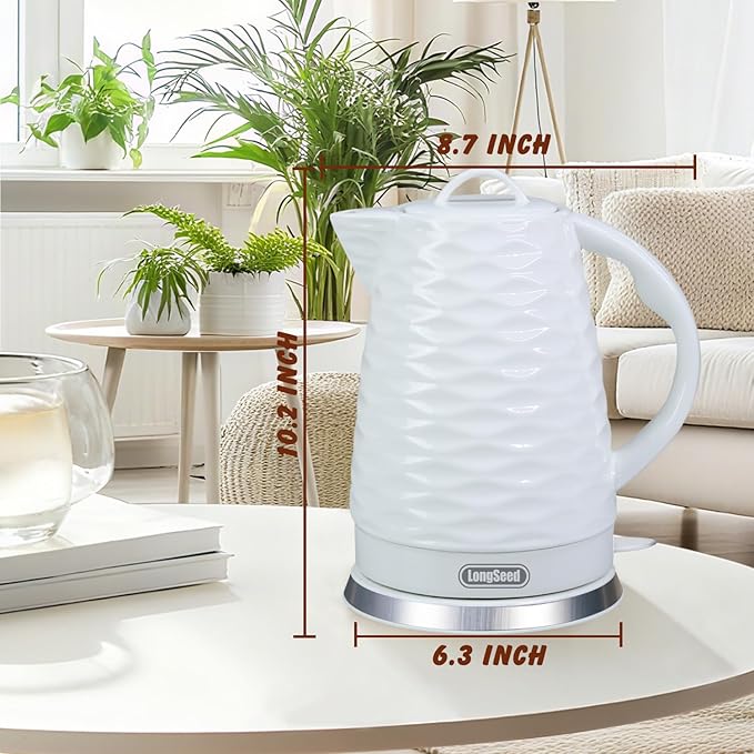 Ceramic electric kettle,1.5L/1000w, white electric tea kettle， Automatic Shut-Off, BPA-Free, Boil-Dry Protection, suitable for coffee, tea, quick boiling, with wave texture design