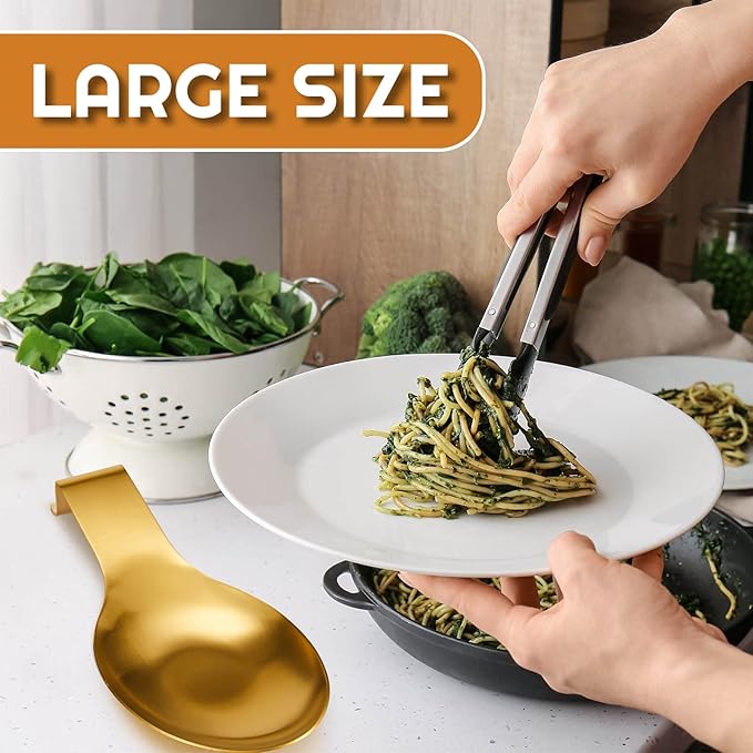 Nuanchu 14 Pcs Stainless Steel Spoon Rest Spatula Ladle Holder Spoon for Stove Top Heavy Duty Spatula Holder for Countertop Dishwasher Safe Utensil Rest for Kitchen, 3.8 x 9.6" (Gold)