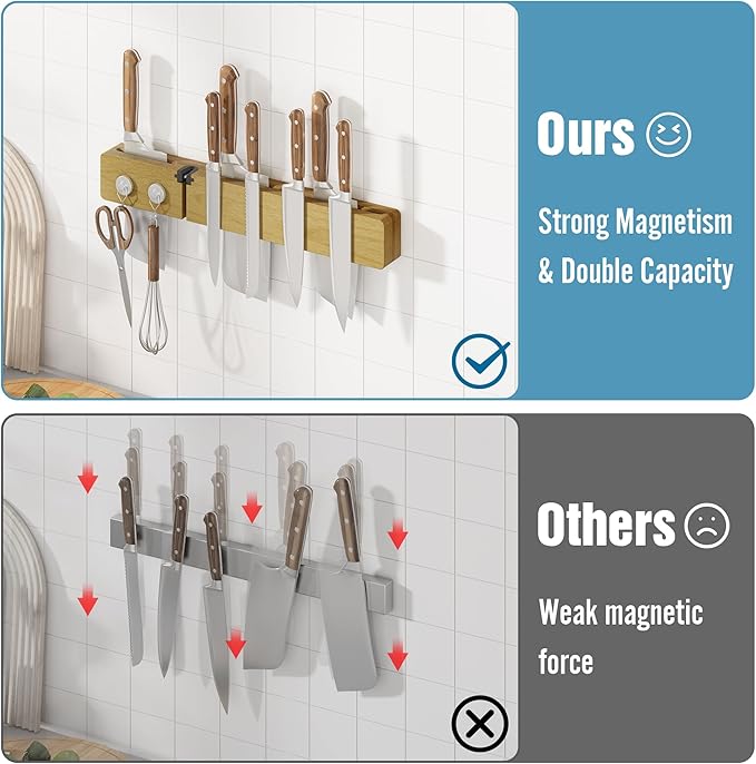 Magnetic Knife Holder for Wall, Acacia Wood Knife Magnetic Strip No Drill Knife Magnet Storage Bar Magnetic Tool Key Holder Strip for Kitchen Utensil Organizer (Light Brown, 16 Inch Large)