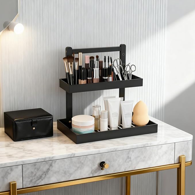 Bamboo Undersink Organizer Storage - 2-Tier Cabinet Shelf with Adjustable Levels, Under Sink Storage Slide Out for Cabinet Pantry Kitchen Bathroom (Black, 2 Packs)