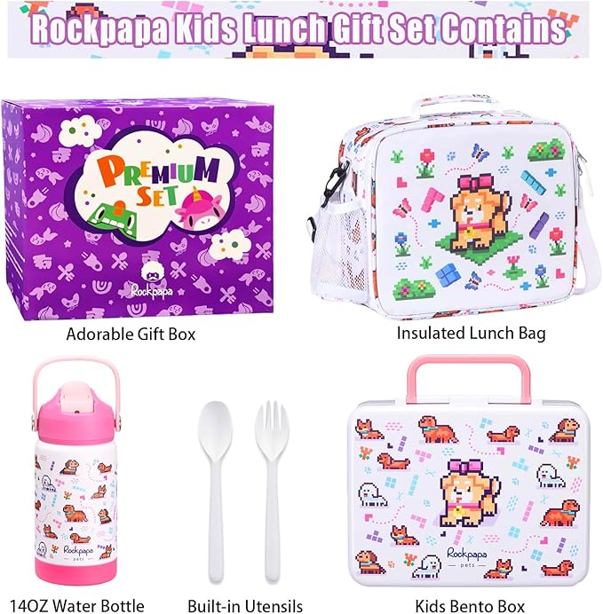 rockpapa Kids Lunch Box Set with 14oz Insulated Water Bottle & Lunch Bag, Leakproof 5.5 Cups Bento Box for School & Children, BPA-Free, Microwave Safe for Boys Girls (White Pets)