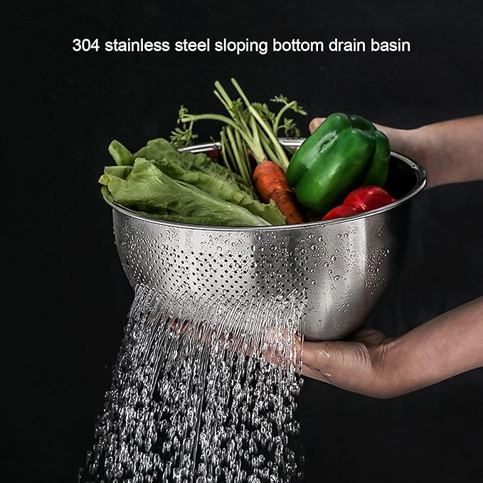 Rice Washer Strainer Bowl, Stainless Steel Rice Washing Bowl Kitchen Washing Basket Basin with Side Drainers Small Colander for Rice, Vegetables & Fruit(22.5CM)