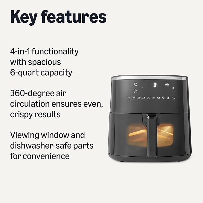Amazon Basics 6-Quart Digital Air Fryer with Easy View Window, 8 Preset Menus, Digital Touch Panel, Ceramic Nonstick Coating, 140℉-400℉ Temperature Range, 1550W, Black